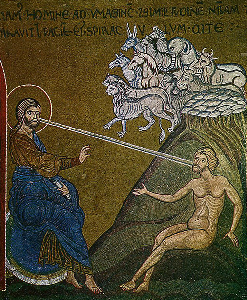 "Сотворение Адама". Мозаика собора в Монреале, XII век