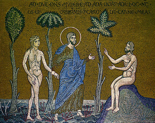 "Еву ведут к Адаму, который ее встречает в совершенном изумлении". Мозаика собора в Монреале, XII век