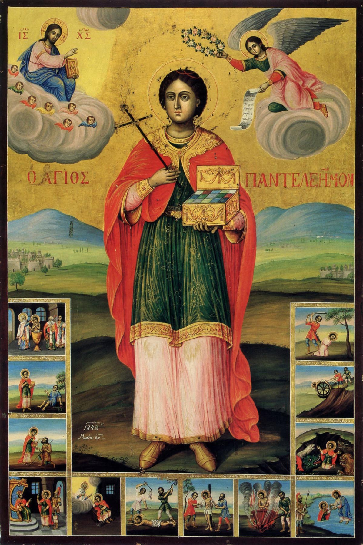 Великомученик Пантелеимон. Икона с житием, 1842 года. Болгария. Иконописец - Николай Сотириади из Константинополя