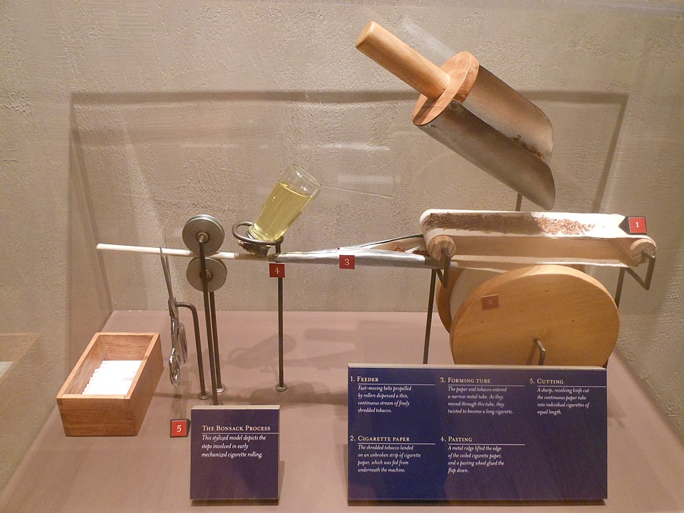Модель машины Джеймса Бонсака для скручивания сигарет. Wikimedia Commons