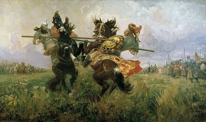 Поединок Пересвета с Челубеем на Куликовом поле, 1943 год. Художник Михаил Авилов