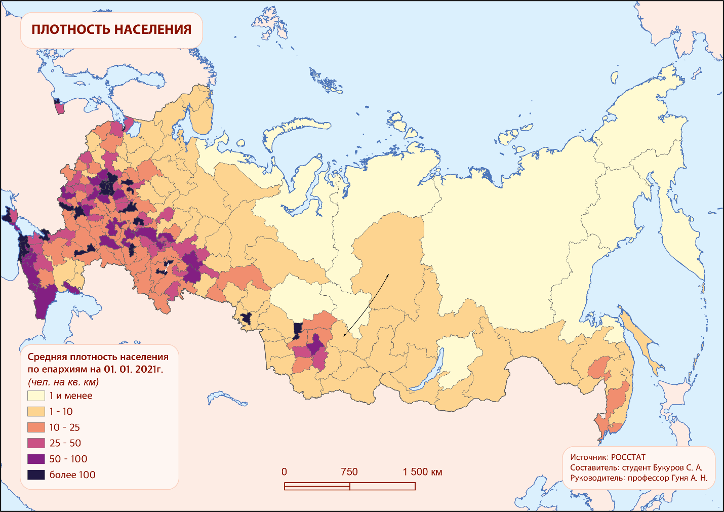 Рис. 1. Плотность населения по епархиям РФ.