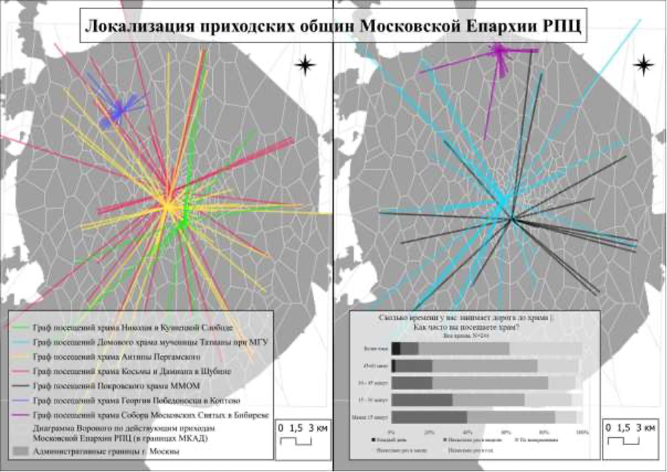 Рис. 1. Карта локализации 7 приходских общин Московской Епархии РПЦ. Составлено автором по данным социологического опроса.