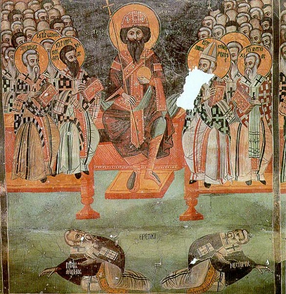 Осуждение ереси Нестория на Четвертом Вселенском (Халкидонском) соборе (Несторий повержен справа)
