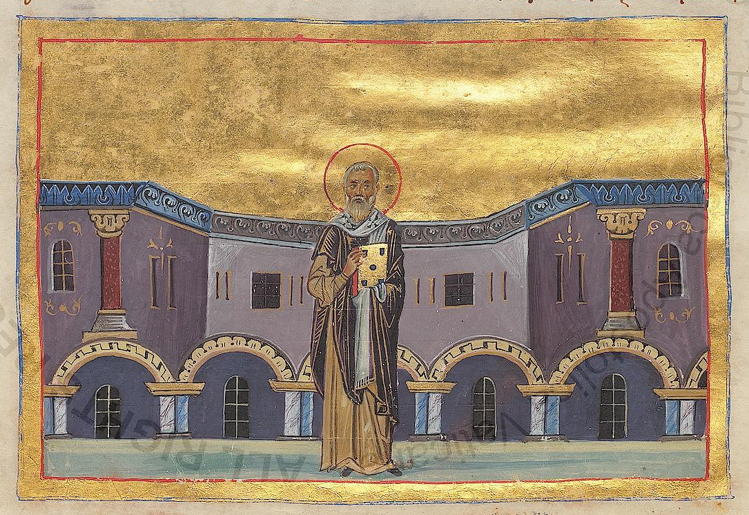 Святитель Амфилохий Иконийский. Миниатюра Минология Василия II. Константинополь, 985 год