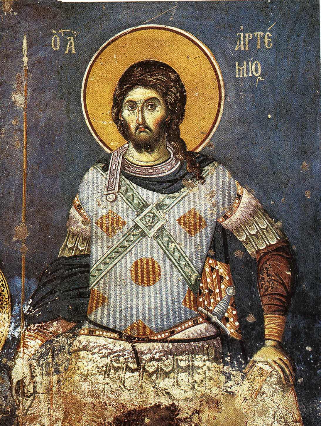 Великомученик Артемий Антиохийский. Фреска, XIV век. Византия
