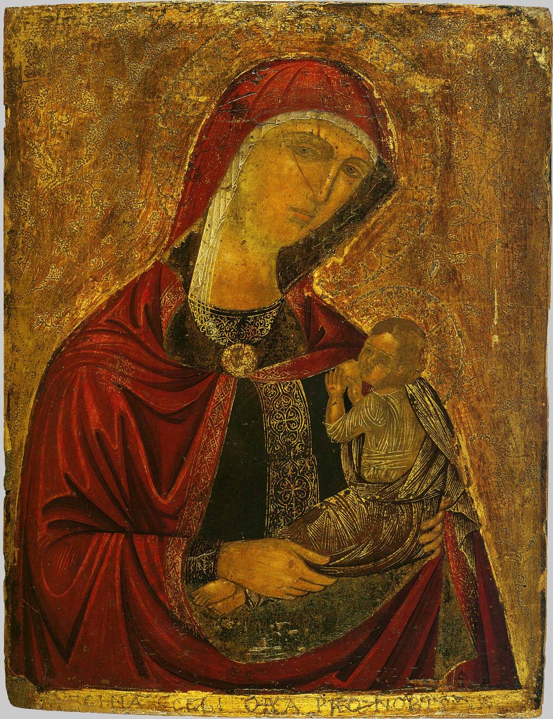 Икона Божией Матери "Млекопитательница", XVI в. Крит. Чеканка по сусальному золоту