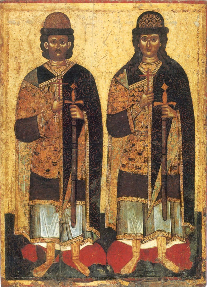 Страстотерпцы Борис и Глеб. Икона, конец XIV - начало XV века. Из церкви с. Большое Загорье под Псковом