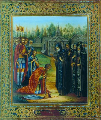 Преподобный Сергий Радонежский благословляет вел. кн. Димитрия на борьбу с ордынцами. Икона. Мастер. В. П. Гурьянов. 1904 год (ГМИР)