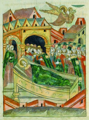Преставление великого князя Димитрия Иоанновича. Миниатюр из Лицевого летописного свода. 70-е гг. XVI века (БАН. 31.7.30-2. Л. 335 об.)
