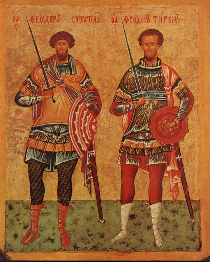 Великомученики Феодор Стратилат и Феодор Тирон (справа). Икона, XV век
