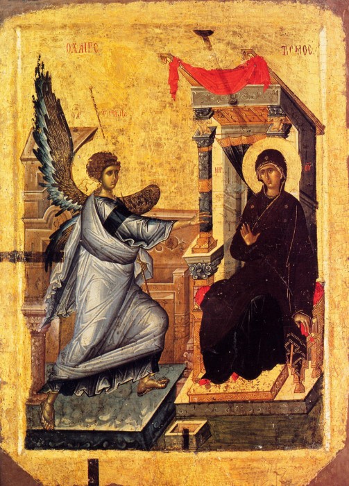 Благовещение, оборот иконы "Богоматерь Психосострия". Орхид, XIV век