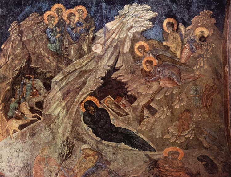 Рождество Христово. Фреска церкви Богоматери Перивлепты в Мистре. 2-ая половина XIV в. Греция