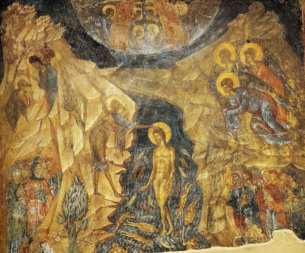 Крещение Господне. Роспись, XIV век. Церковь Богоматери Перивлепты. Мистра.