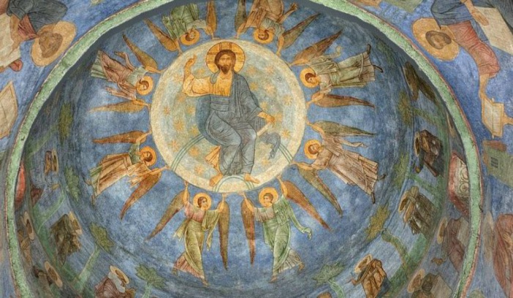 Вознесение Господне. Фреска, середина XI века. Спасо-Преображенский собор Мирожского монастыря в Пскове