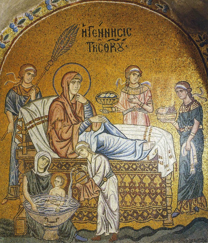 Рождество Пресвятой Богородицы. Мозаика, 1100 год.  Монастырь Успения Божией Матери - Дафни (Греция)