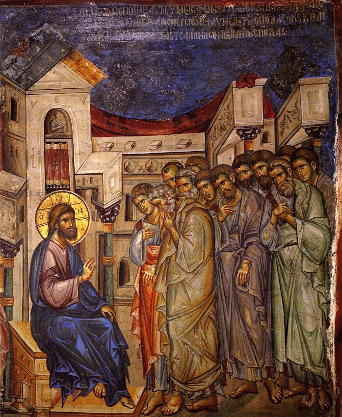 Великий Четверг. Господь объясняет смысл умовения ног апостолов. Фреска монастыря Ватопед, начало XIV век. Афон