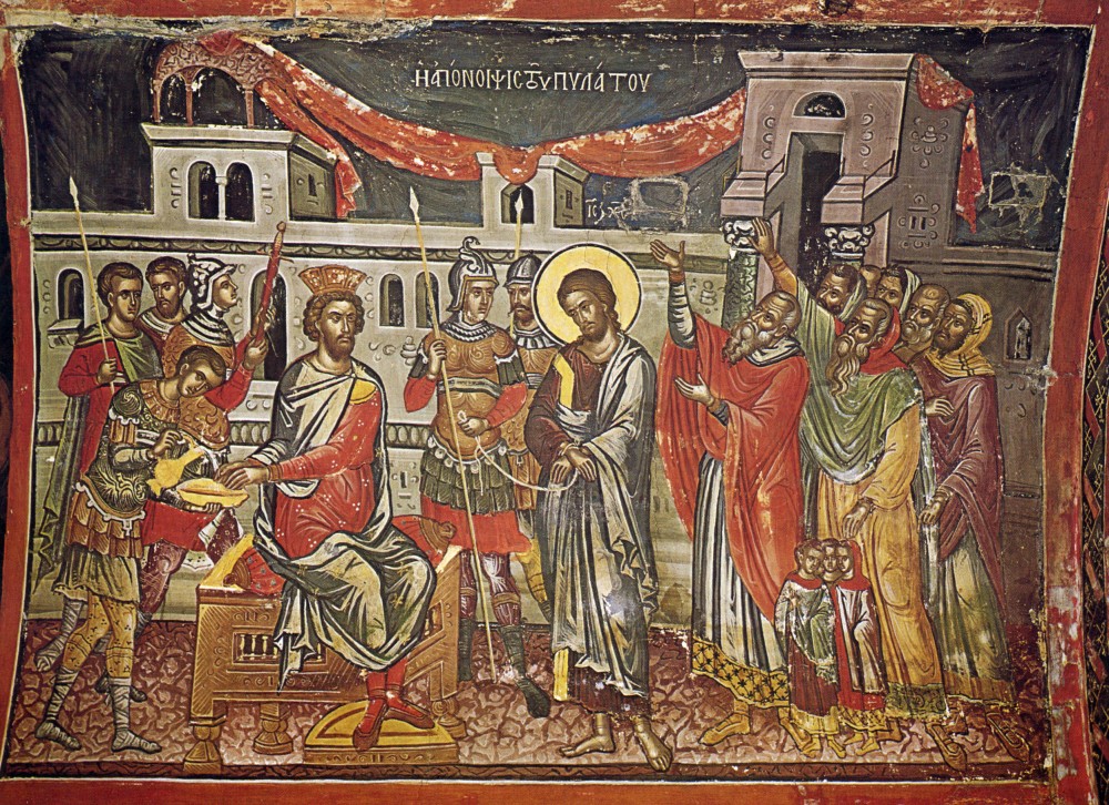Великая Пятница. Христос перед Пилатом. Фреска работы Феофана Критского, монастырь Ставроникита, Афон