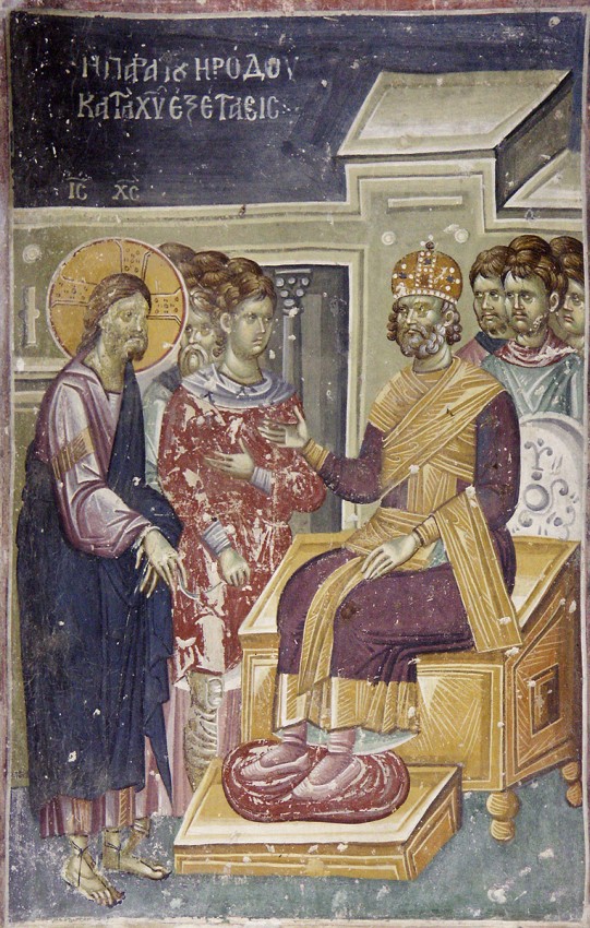 Великая Пятница. Христос перед Иродом. Фреска Старо-Нагорично, XII - XIV века. Македония