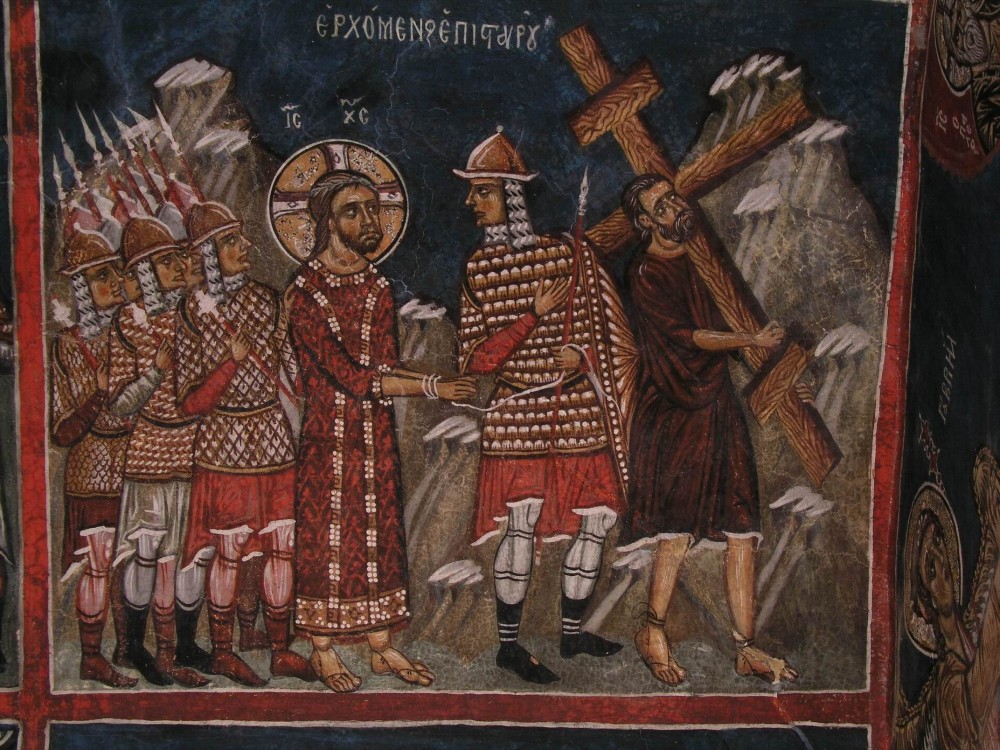 Великая Пятница. Симон Киринейский помогает Господу нести Крест. Кипрская фреска