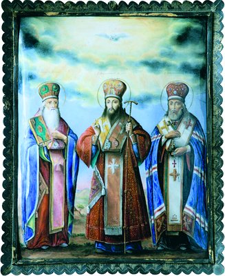 Святители Иаков и Димитрий Ростовские, Иннокентий Иркутский. Эмалевая икона. 2-я пол. XIX века (ИркОХМ)