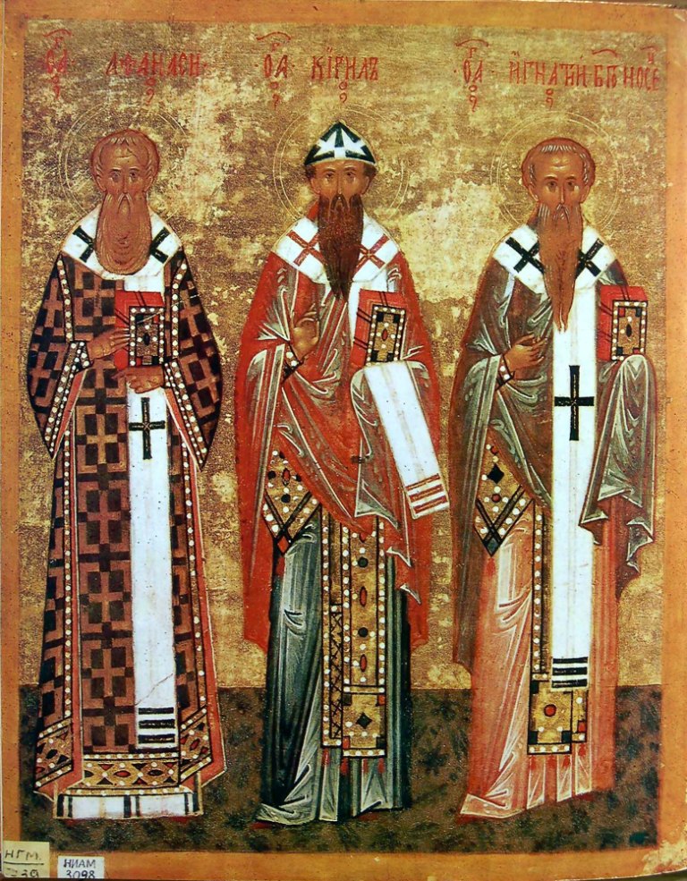 Святители Афанасий Великий и Кирилл Александрийские и священномученик Игнатий Богоносец. Икона, 2-я половина XVI в.
