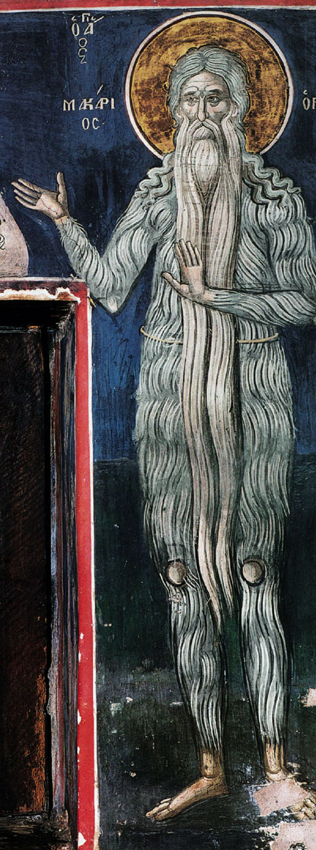 Преподобный Макарий Великий Египетский. Фреска, 1547 год.  Афон (Дионисиат)
