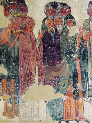 Прп. Мария Египетская в числе праведников, шествующих в Ррай. Фрагмент композиции "Страшный Суд" на зап. апсиде ц. Атени Сиони, Грузия. 90-е гг. XI в.