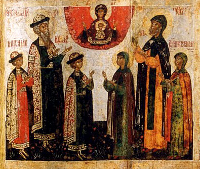 Икона Муромских святых князя Константина со чадами Михаилом и Феодором, Петра и Февронии и Иулиании Лазаревской с житием Петра и Февронии, XVII век