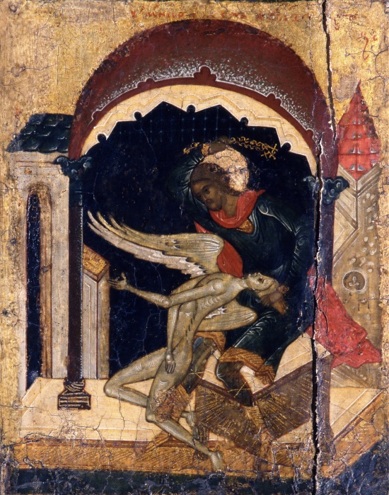Великомученик Никита Готфский, побивающий беса (Никита-бесогон). Клемо житийной иконы, XVI век. Угличский государственный историко-архитектурный и художественный музей