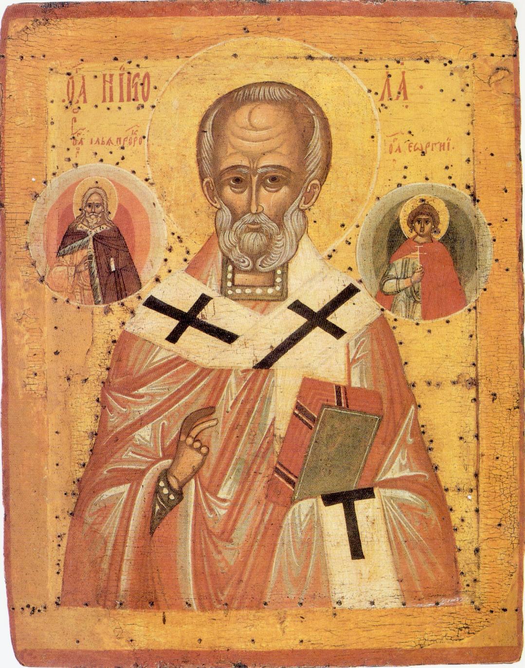 Никола с Ильей Пророком и Георгием. Икона. Новгород. Конец XV - начало XVI века.