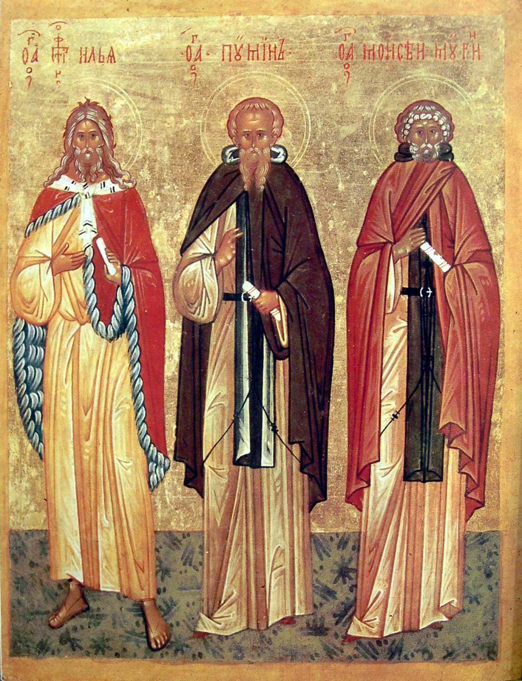 Святые Илья Пророк, Пимен Великий, Моисей Мурин. Икона, конец XV век