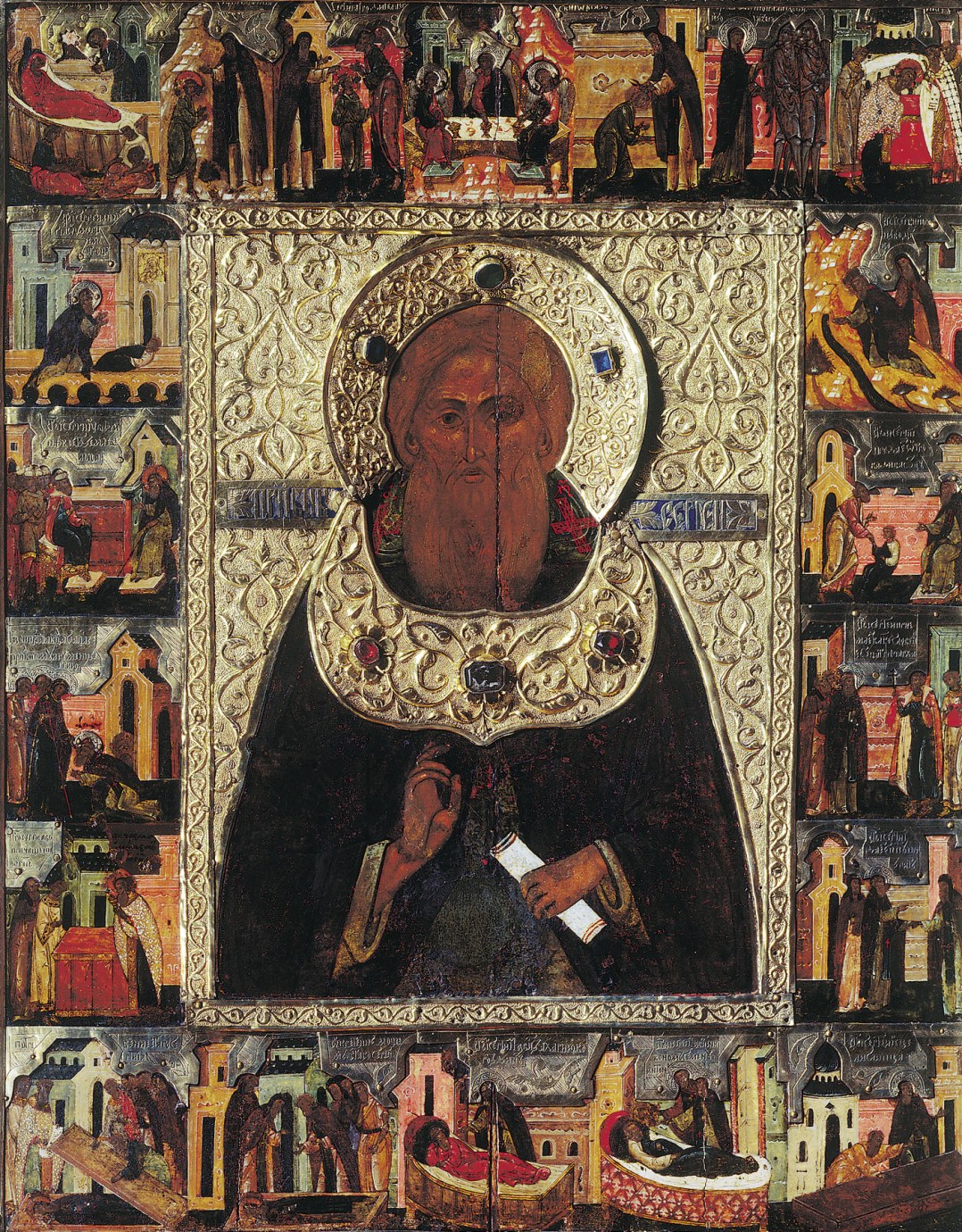Преподобный Сергий Радонежский. Икона в житием, 1591 год. Иконописец Евстафий Головкин