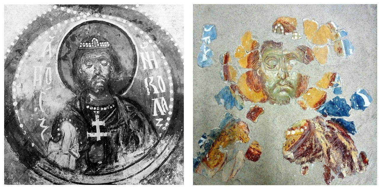 Ил. 3. Севастийский мученик Николай. Фреска. Новгород, храм Спаса Преображения на Нередице. 1199. Слева: до разрушения, фото И. Ф. Чистякова, 1903. Источник: Времени вопреки. Реставрация в Новгородском музее. 2000–2015. Каталог выставки. Санкт-Петербург, 2015. С. 27. Справа: результат реставрации (Т. А. Ромашкевич, Т. К. Федоренко), фото автора 