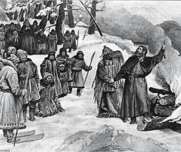 Святитель Стефан Пермский увлекает за собой в огонь зырянского волхва Пама. Оригинальный рисунок К. В. Лебедева