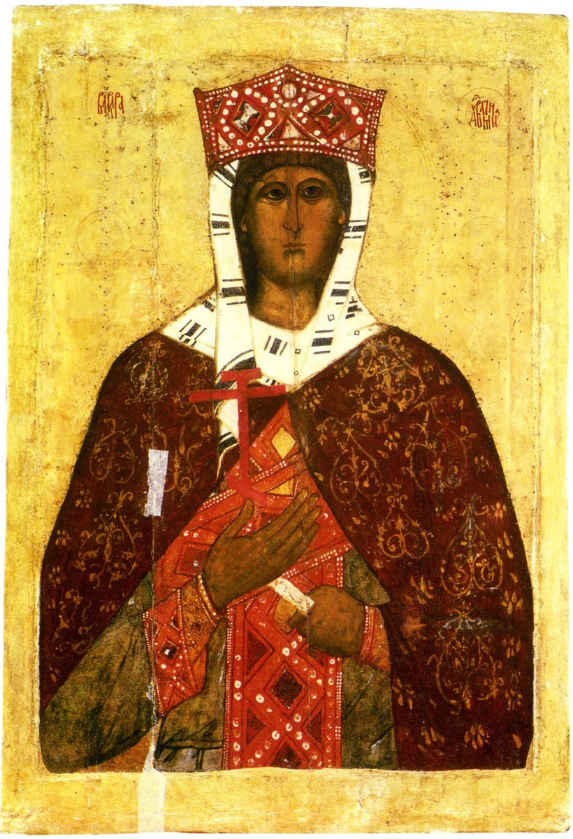 Святая великомученица Варвара Илиопольская. Икона, XIV век. Псков