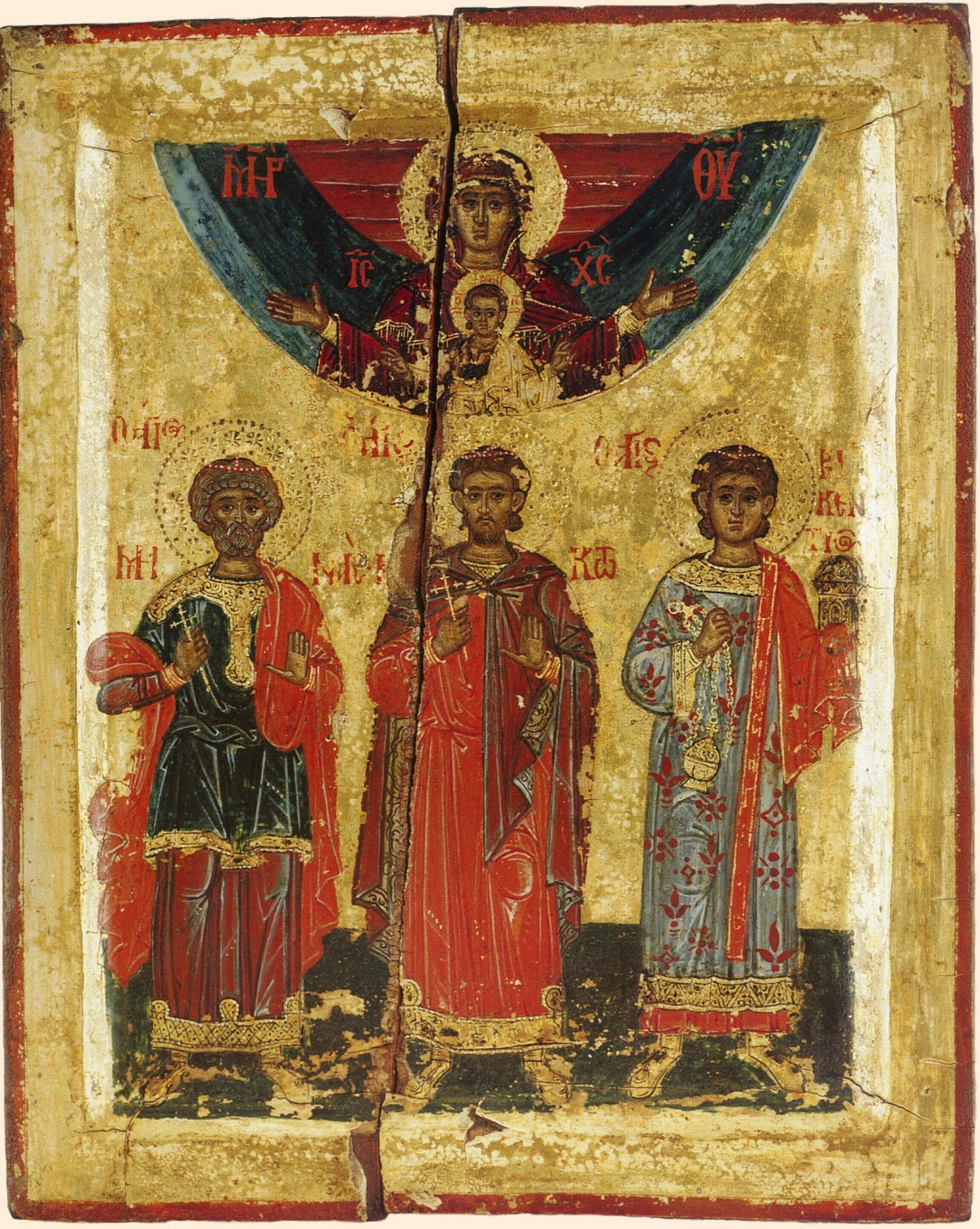 Святые Мина, Виктор Дамасский (в середине) и Викентий. Икона, Начало XVII века. Ризница монастыря Хиландар. Афон.