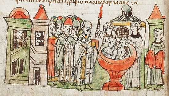 Крещение дружины князя Владимира. Миниатюра из списка Радзивиловской летописи, XV век