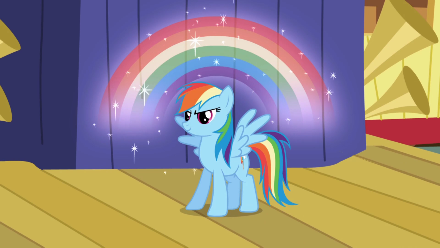 Радуга Дэш (Rainbow Dash) Следит за погодой. Она предана своим друзьям, и никогда не бросает их в беде, впрочем, как и все остальные. Имеет дурной характер пацанки и хулиганки. Все решает "кулаками". Никаких талантов не имеет, глупа