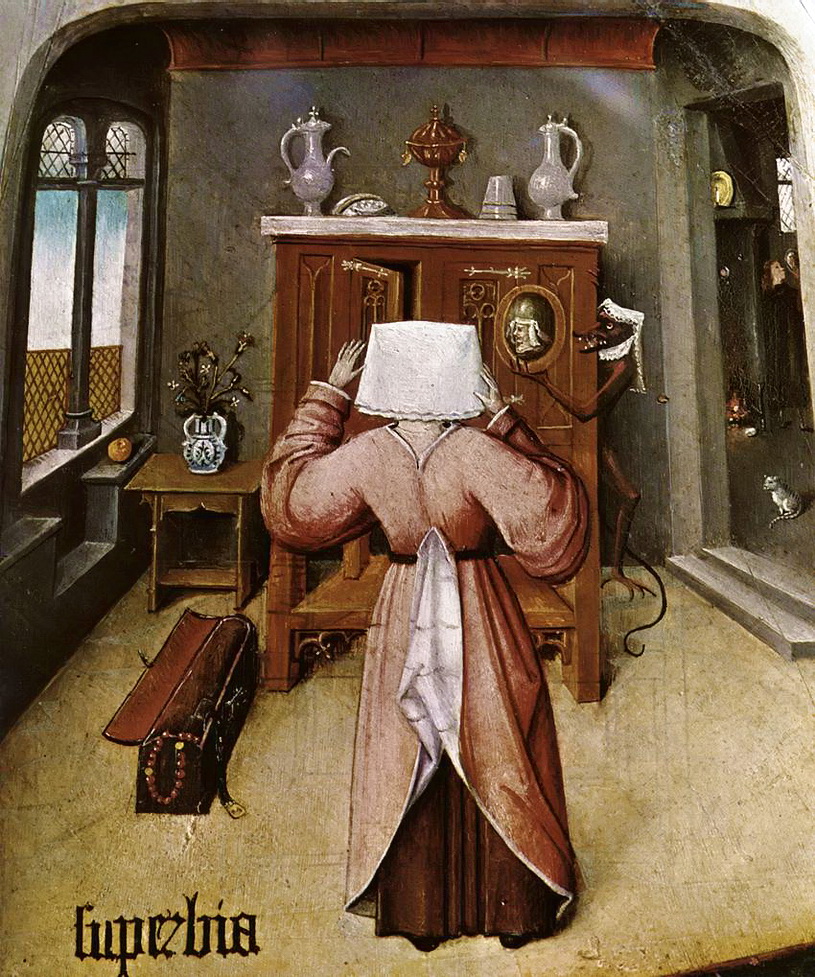 Иероним Босх. Семь смертных грехов. Тщеславие (1475-1480). Символ тщеславия того времени - зеркало, которое предлагает демон