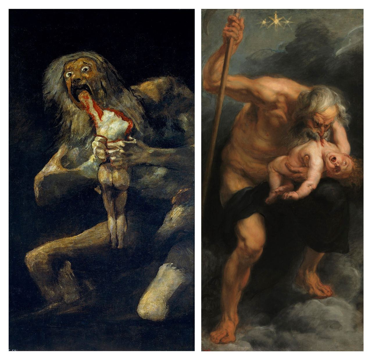 Сартурн (он же Кронос) пожирает своих детей. Картины Гойи (справа) и Рубенса
