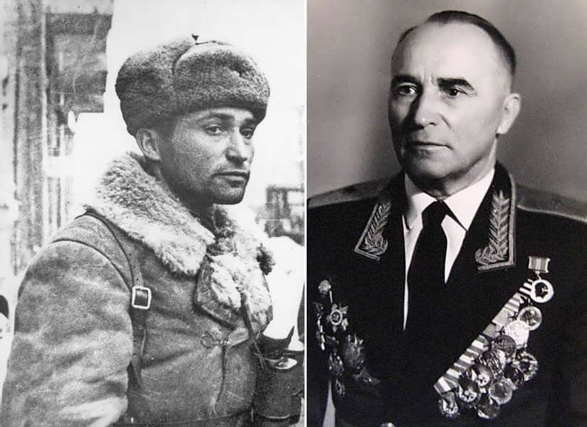 Чапаев Александр Васильевич в чине подполковника в освобожденном Харькове  - слева, справа - после войны в чине генерал-майора (1910-1985)