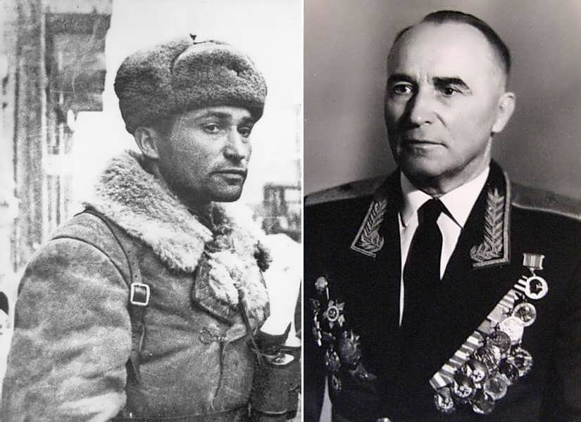 Чапаев Александр Васильевич в чине подполковника в освобожденном Харькове - слева, справа - после войны в чине генерал-майора (1910-1985)