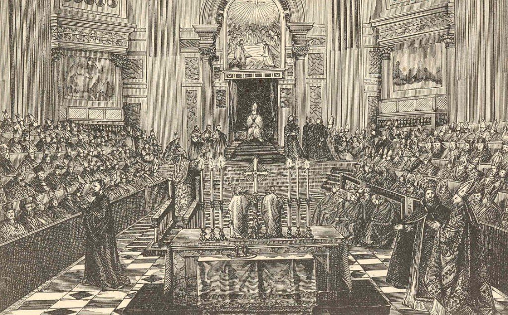 Первый Ватиканский собор (1869-1870). Гравюра. На нем было принято две догматические конституции:. Dei Filius и Pastor aeternus, которая провозглашала примат апостола Петра, папа как преемник Петра, вселенская юрисдикция Римского епископа, догмат о безошибочности Папы в вере и морали.