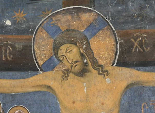 Распятие Христа. Фрагмент фрески, 1209. Студенецкий монастырь, Сербия