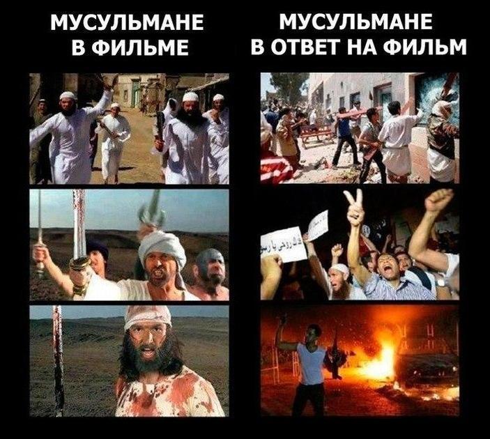 Анекдот. Ты слышал, мусульмане стали устраивать погромы и убивать людей из-за фильма, в котором показали, что они способны устраивать погромы и убивать людей?