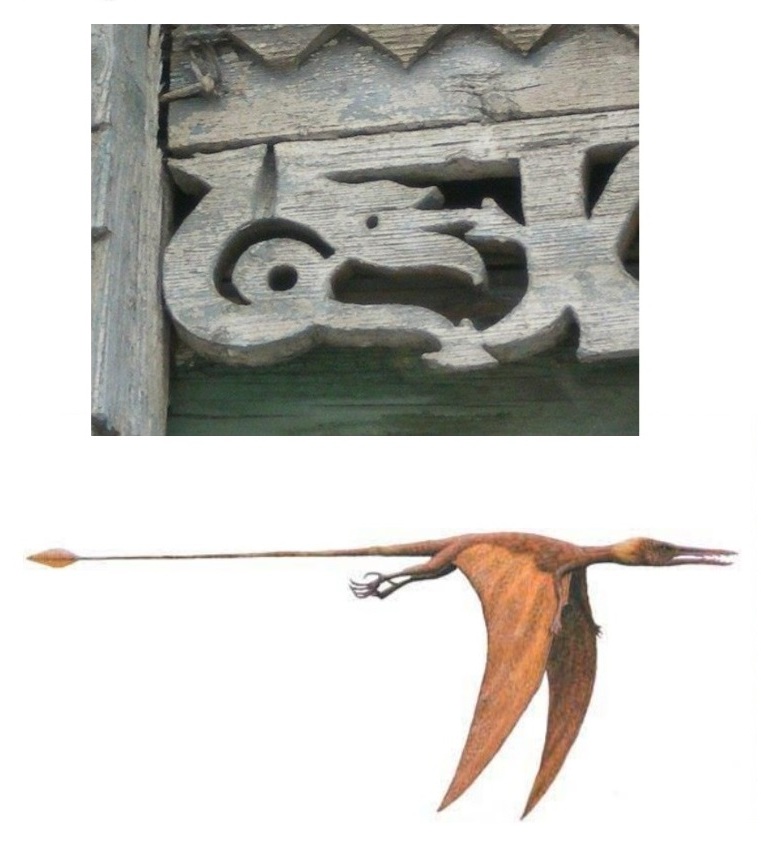 Наконечник на конце хвоста у ископаемого рамфоринха и аналогичный наконечник хвоста на изображении летающего змея на наличнике тверской избы