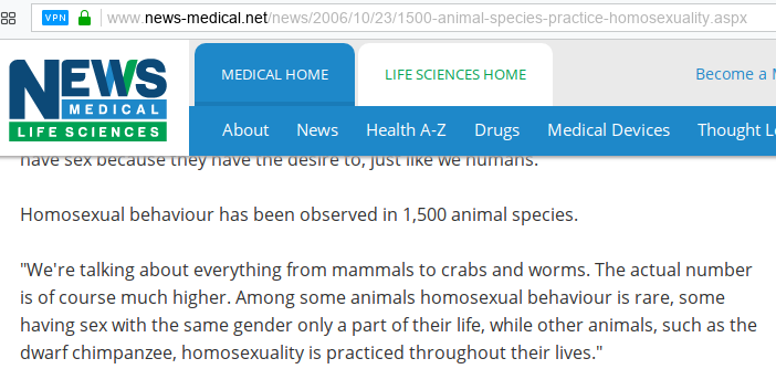 Следует упомянуть, что в сети более 10 лет циркулировал миф о "1500 видах животных, проявляющих гомосексуальное поведение", увековеченный в печати и подхваченный даже такими респектабельными СМИ как BBC, Time, Telegraph, DW и др.